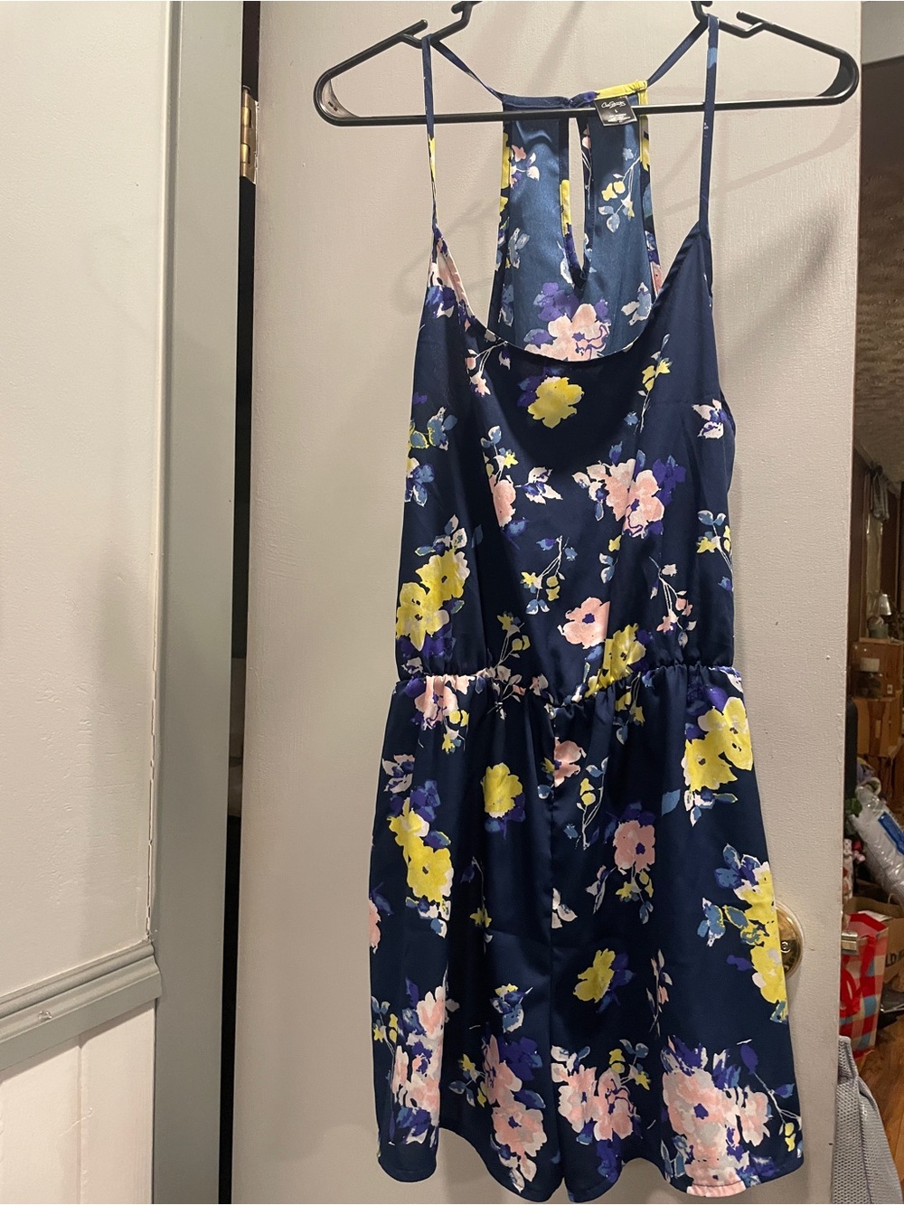 City Streets Navy Floral shorts Romper with Yellow & Pink Blooms ladies size L